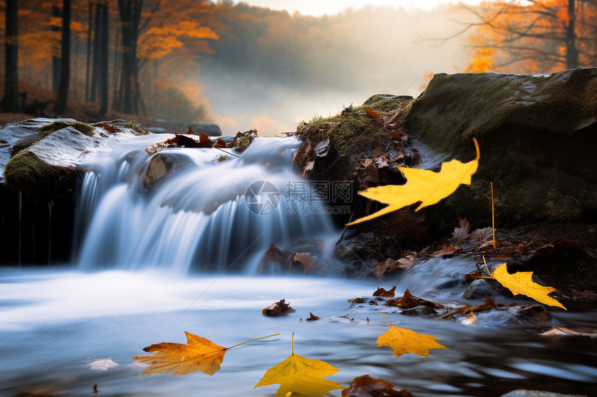 秋天里流动的瀑布和纷飞的落叶图片