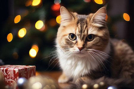 可爱的小猫在圣诞节里打开礼物盒子图片