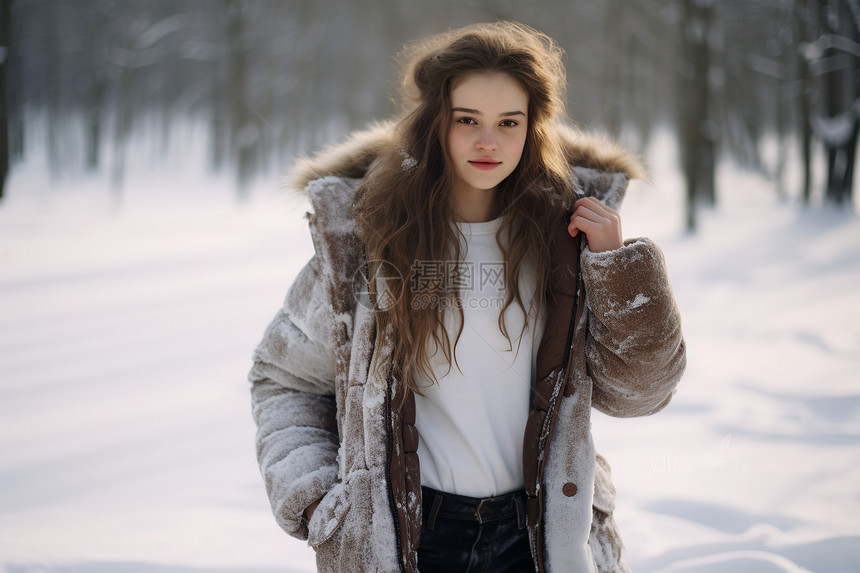 冬日森林中的可爱少女图片