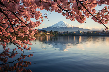 晨光下的富士山与樱花背景图片