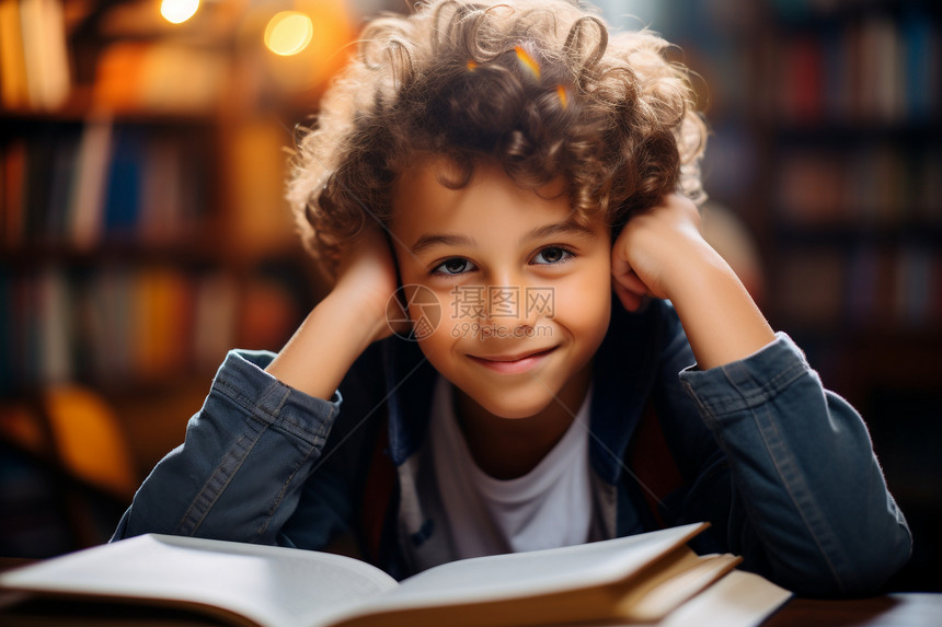 书店中阅读图书的男孩图片