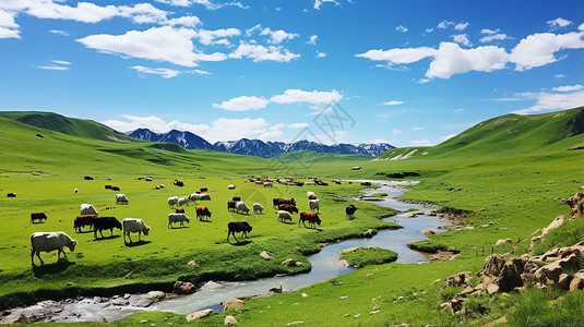 草原上的牛羊骏马高清图片素材
