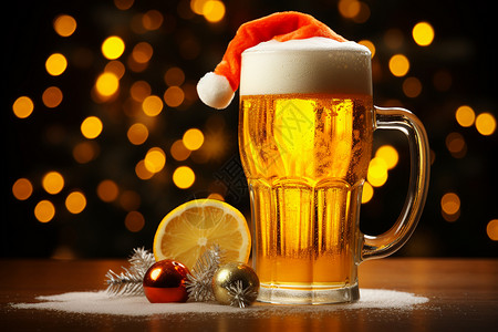 啤酒装饰圣诞帽下的冰镇啤酒设计图片