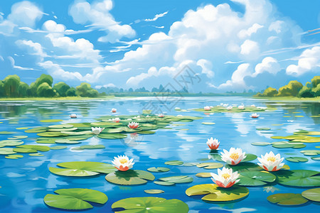 自然中平静湖悠静湖面上浮动的荷叶插画