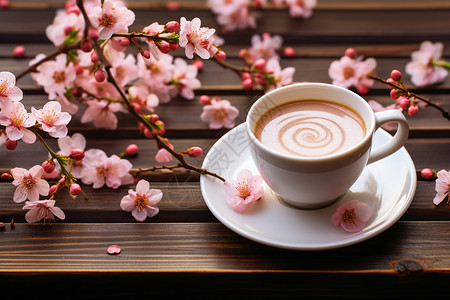 樱花饮品放鲜花旁的香醇咖啡背景