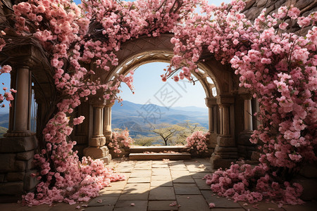 樱花婚礼围绕在石拱门的鲜花背景