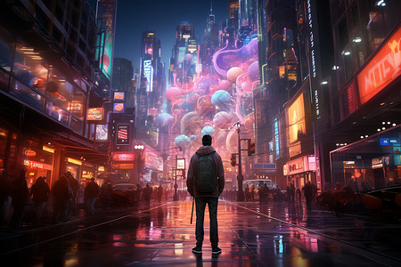 街景霓虹灯科幻城市中的男人设计图片