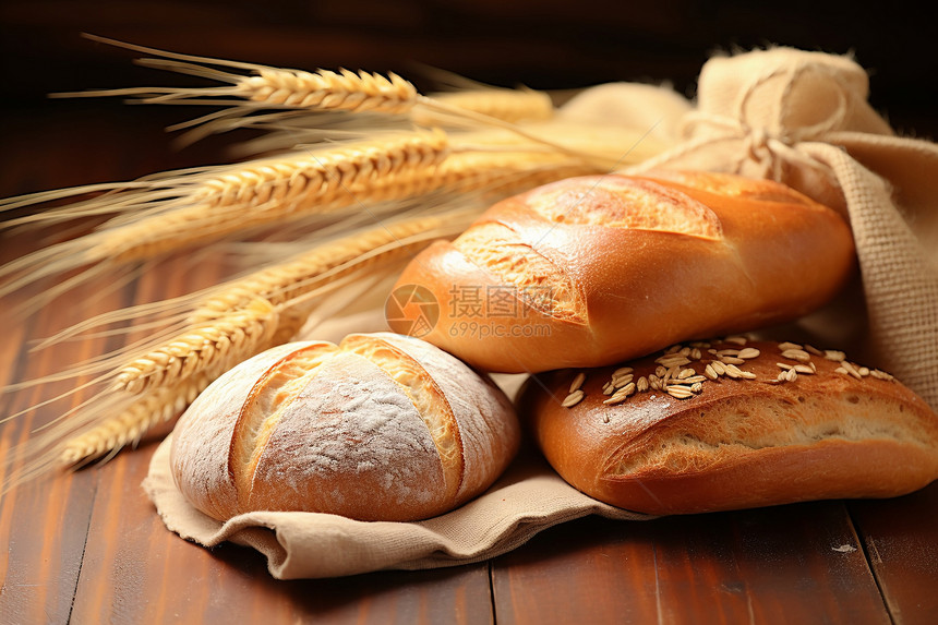 桌子上的小麦和面包图片