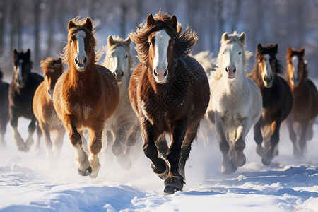 雪地中的马群背景图片