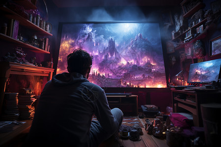 玩电脑游戏的人正在看大屏幕的人设计图片