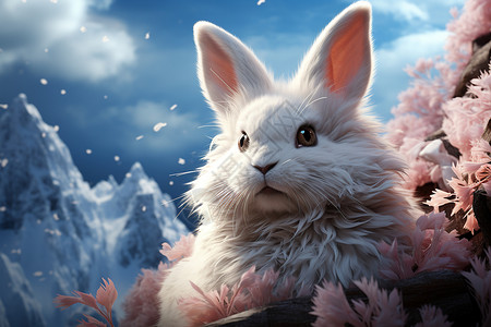 冬天的雪兔冰雪樱花兔高清图片