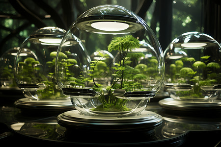 螺旋生长的树玻璃穹顶中的植物森林设计图片