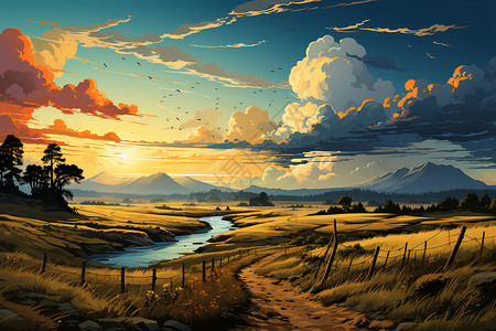 油画般的夕阳下的田野图片
