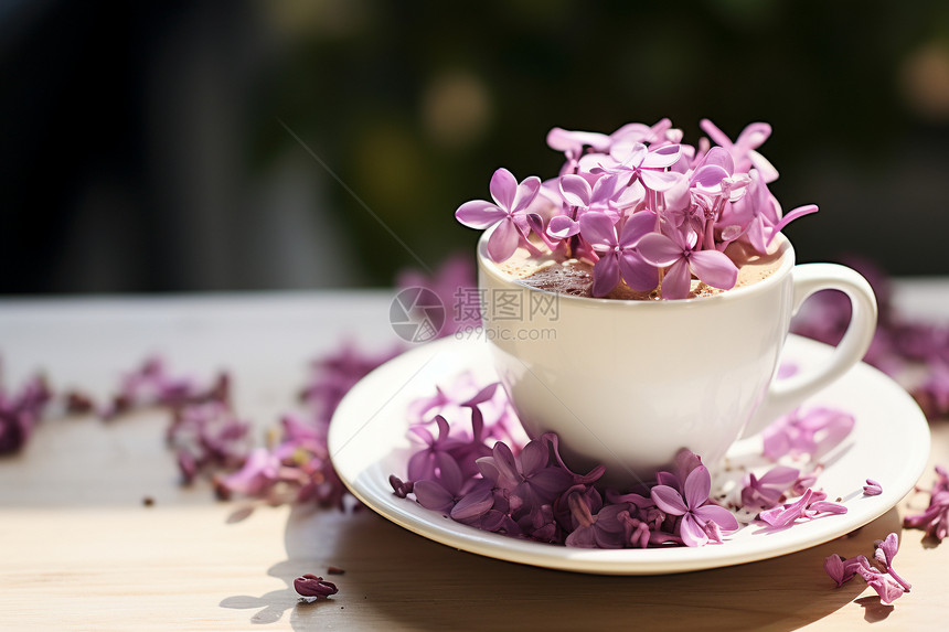 紫色花朵中的咖啡图片