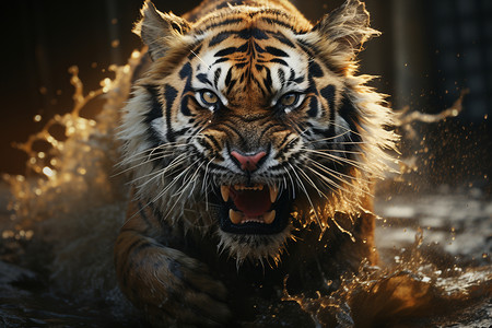 在水面奔跑的老虎图片