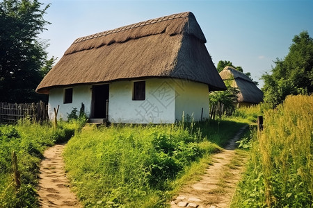 乌克兰乡村的稻草屋背景图片