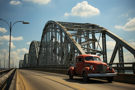 红色汽车驶过桥梁背景图片