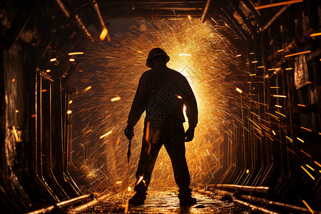 隧道施工夕阳下的钢铁巨人插画