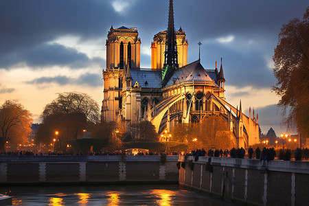巴黎圣母院夜景暮色中的巴黎圣母院背景