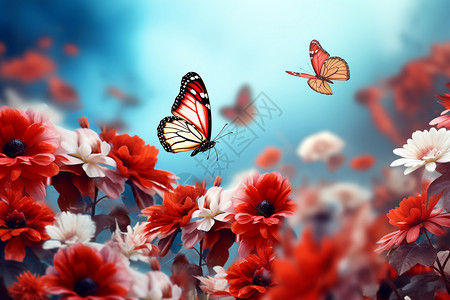 花蝴蝶蝴蝶在红白花海中飞舞背景