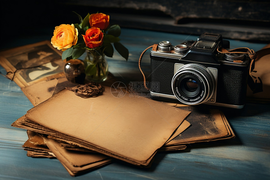 古董照相机和相片图片