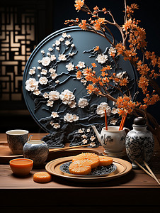 中式餐盘里的月饼背景图片
