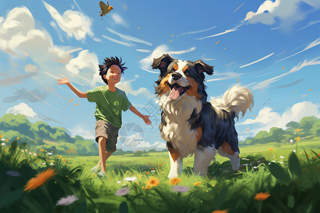 狗狗与主人在青草地上奔跑插画