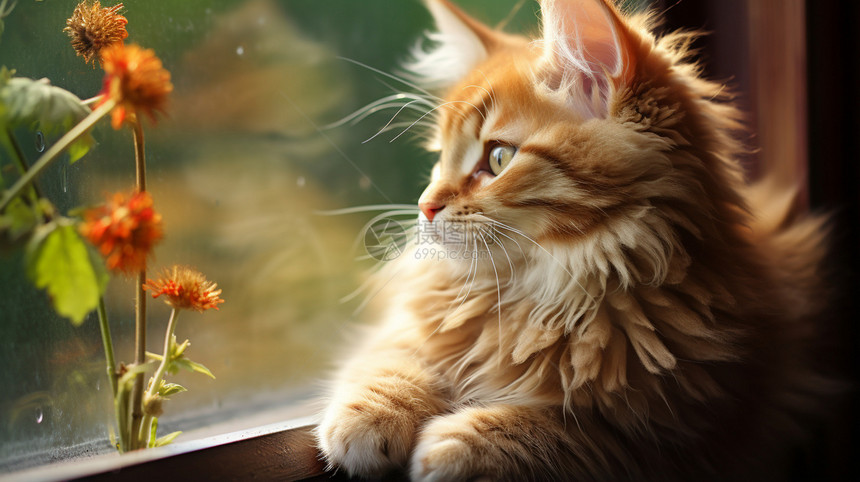 可爱的小猫在窗台上休息图片