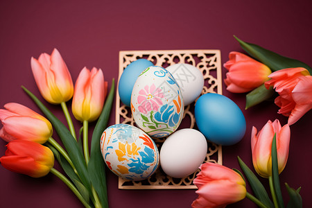 复活节彩蛋和鲜花背景图片