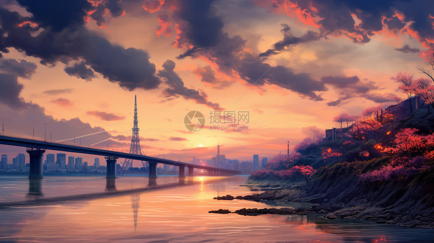 夕阳下的跨江大桥图片