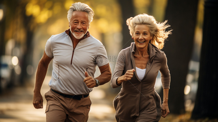 老年夫妇在公园跑步图片
