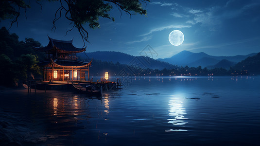 湖泊夜景安静的海上明月设计图片