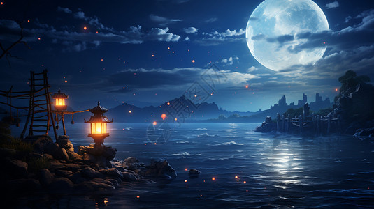 海上灯光海上明月设计图片