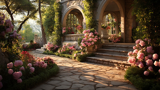 石头走廊开满鲜花的花园插画