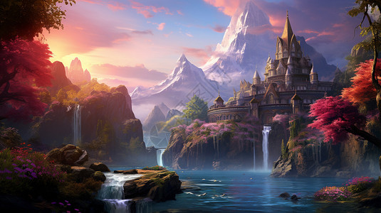 高山城堡瀑布背景图片