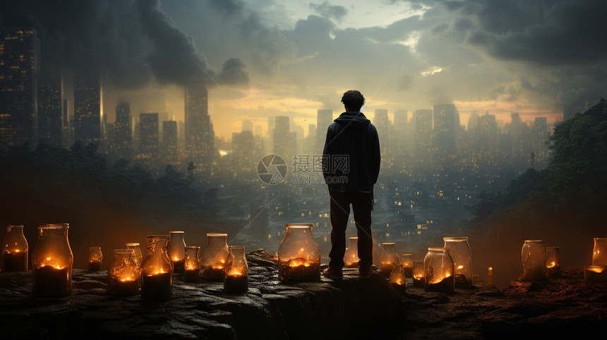 男人站在山上俯瞰城市图片