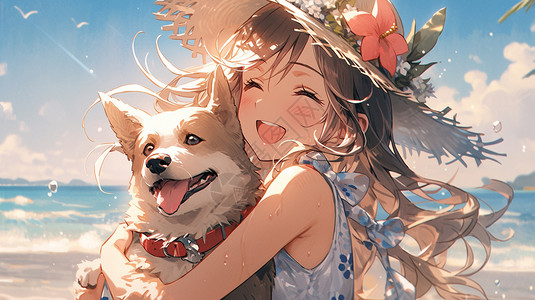 海滩上抱着小狗的女孩背景图片
