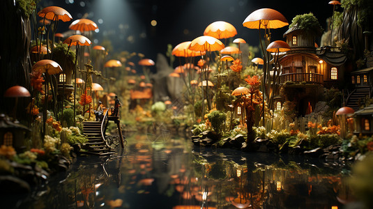 划船的小人精致的蘑菇城市模型插画