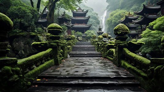 布满海草的石头布满苔藓的寺庙道路背景