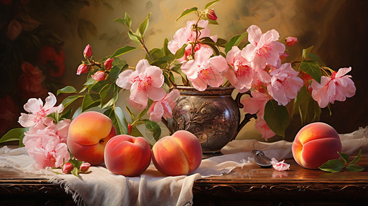 桌上的桃子和李花背景图片