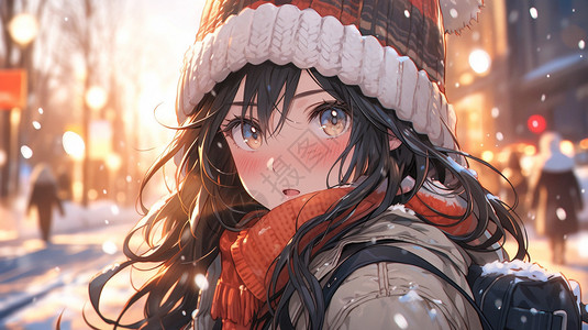 雪地里戴着帽子的女孩高清图片