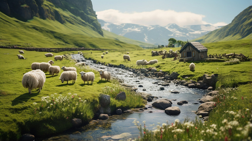 羊群在草原河边图片