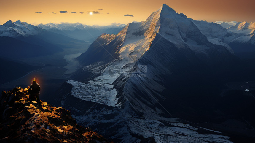 站在山顶看日出的登山者图片