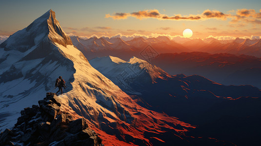 太阳插画夕阳下的登山者背景