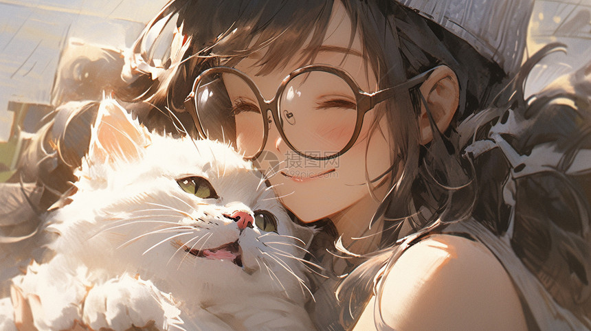 戴眼镜的女孩抱猫的图片