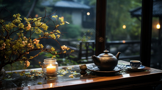 落满桂花的桌子上有茶具和蜡烛高清图片