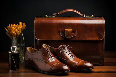 棕色的男士皮鞋和商务包背景图片