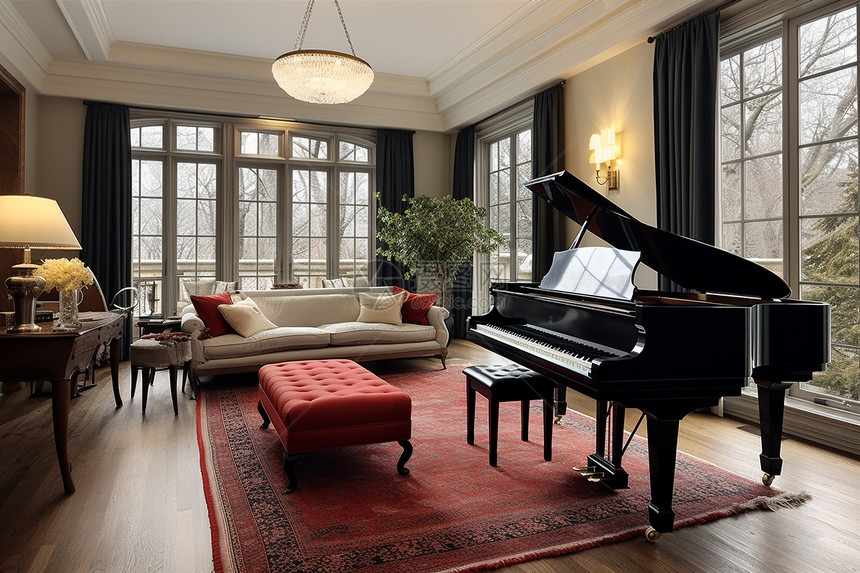 别墅休息室内的钢琴装饰图片