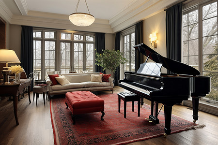 钢琴场景别墅休息室内的钢琴装饰背景