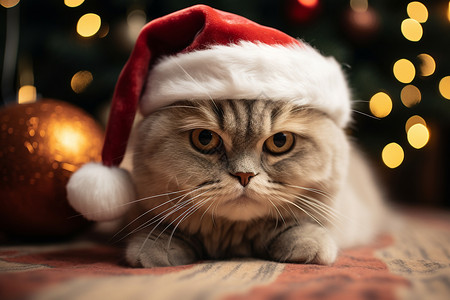 圣诞帽装饰的宠物猫咪图片
